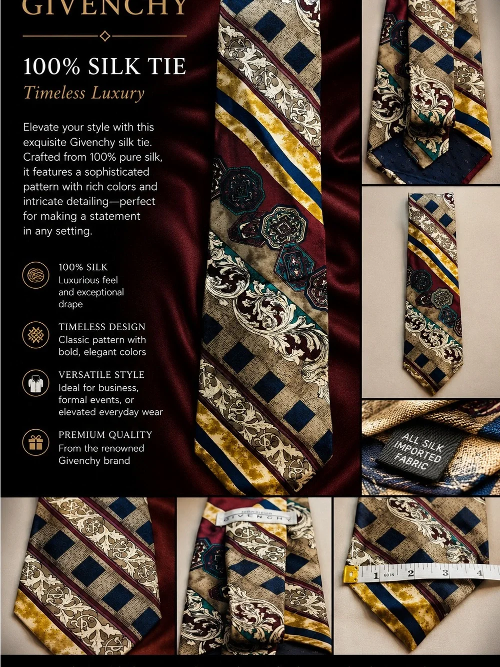 Givenchy Burgundy Navy Gold Patterned Silk Tie
